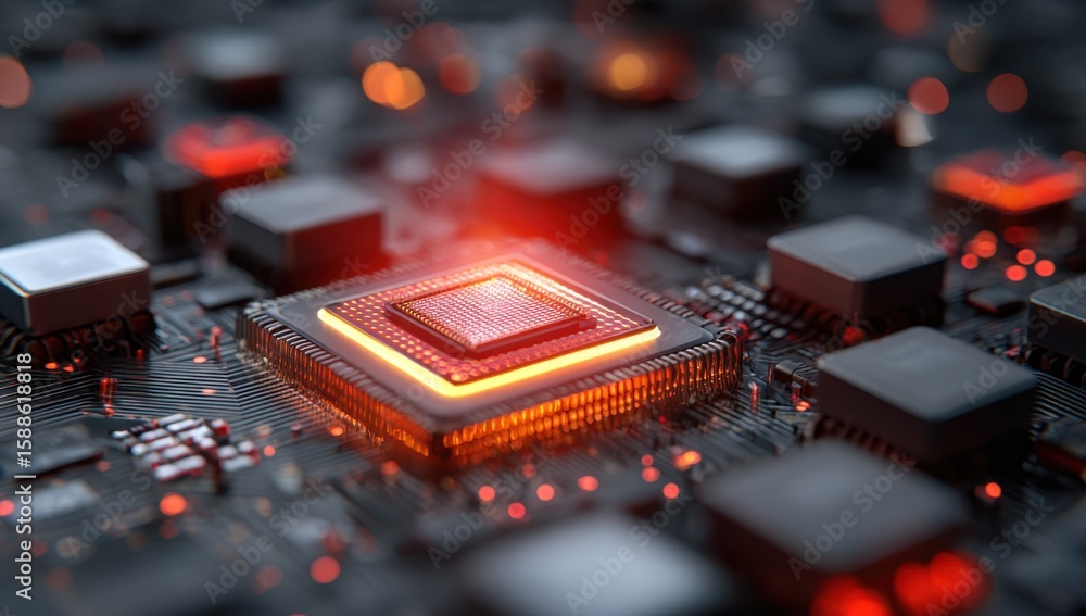 Poster glowing central processing unit on a circuit board, high-tech digital technology close-up