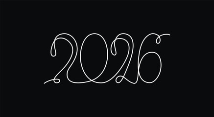 2026 sign - decoration continuous line hand drawing sign for year calendar. Vector stock illustration minimalism design isolated on black chalkboard background. Editable stroke single line. 