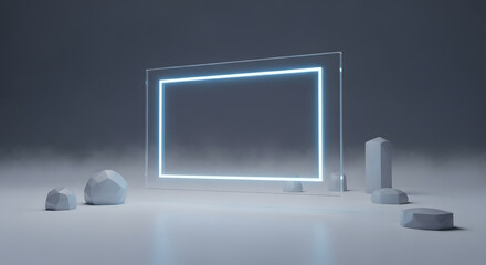 Digital neon frame in minimal foggy scene