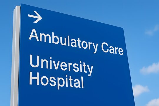 directional sign for ambulatory care at a university hospital on a clear day, blue board with white text and arrow