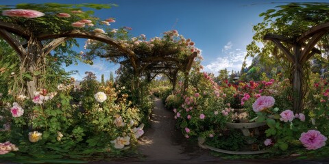 Stunning 360 degrees hdr panorama of a blooming rose garden nature&rsquo;s beauty outdoor view