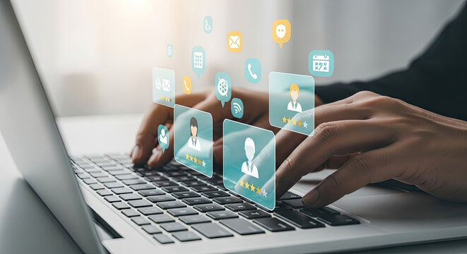Online Reputation Management: Hands on Laptop with Customer Feedback, Reviews, and Social Media Icons for Business Growth and Digital Strategy