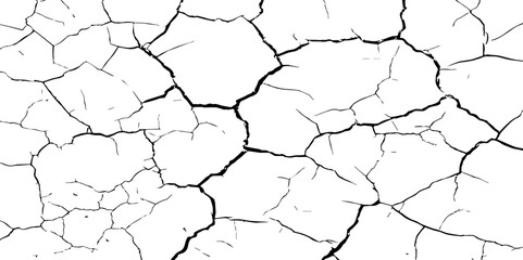A stark, high-contrast black and white texture resembling cracked earth or shattered glass, showcasing an intricate network of irregular lines against a pristine white background. 