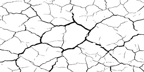 A stark, high-contrast black and white texture resembling cracked earth or shattered glass, showcasing an intricate network of irregular lines against a pristine white background. 