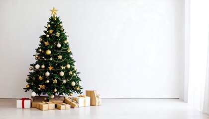 Christmas tree in a white room with gifts