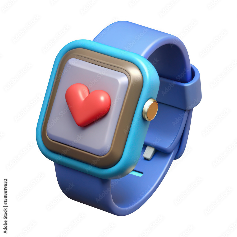 Poster 3d rendered blue smartwatch displaying a red heart icon isolated on transparent background