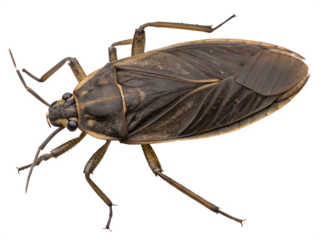 A close-up of a brown water bug, showing detailed features such as its large eyes, long antennae, and broad wings. The insect is isolated on a transparent background.