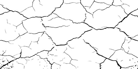 A stark, high-contrast black and white texture resembling cracked earth or shattered glass, showcasing an intricate network of irregular lines against a pristine white background. 