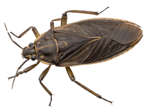 A close-up of a brown water bug, showing detailed features such as its large eyes, long antennae, and broad wings. The insect is isolated on a transparent background.