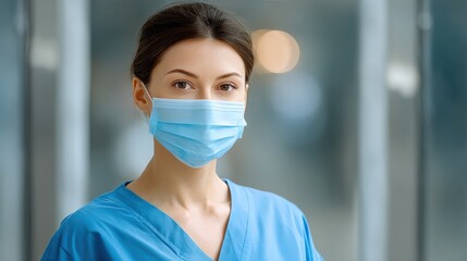 Biometric access for healthcare, A healthcare professional wearing blue scrubs and a protective face mask looks directly at the camera in a clinical or hospital setting.