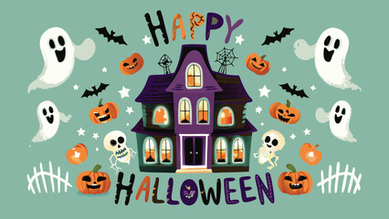 A halloween illustration featuring ghosts, pumpkins, bats, stars, and a haunted house with happy halloween text