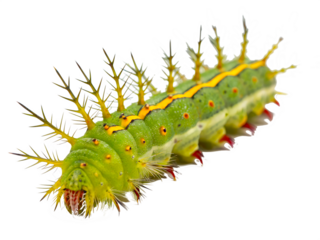 A close-up of a green caterpillar with spiky yellow and red features on a transparent background. The caterpillar displays vibrant colors and unique textures.