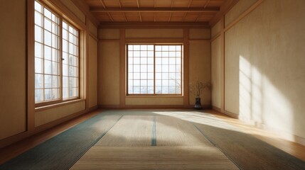 Serene and minimalist japanese room with tatami mats and soft natural light
