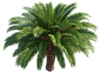 Lush green palm tree with textured trunk against a white background