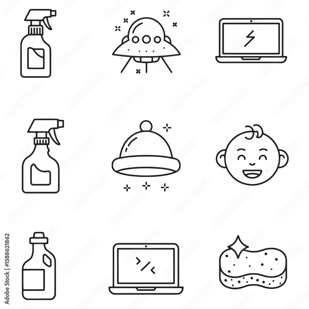 Poster collection of minimalist black and white outlined icons featuring diverse concepts and objects