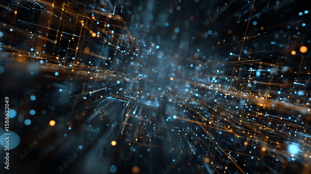 Poster abstract network with glowing points and lines, showing digital connectivity, data flow, and technol