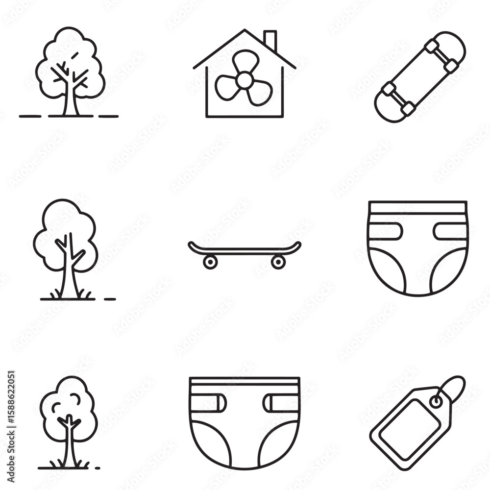 Poster collection of minimalist black line icons representing various objects and symbols for design