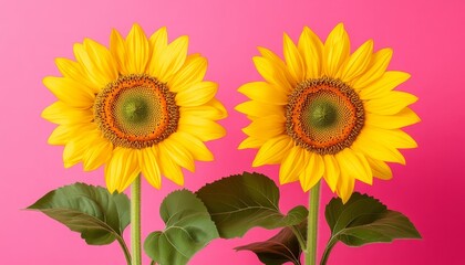 Naklejka premium Vibrant Sunflowers Blooming Under a Bright Sky with a Lively Fuchsia Background for Art Lovers