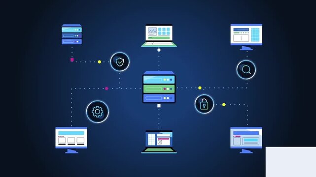 Modern Data Network Infrastructure with Cybersecurity Icons and Digital Communication Concept on Dark Background