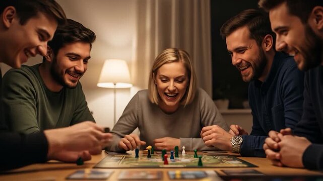 Friends Laughing and Playing Board Game Together in Cozy Home Setting