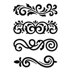 Collection of four elegant black ornamental decorative scrollwork borders with swirls and dots, flourishes dividers, Vintage Filigree ornament stroke scroll design