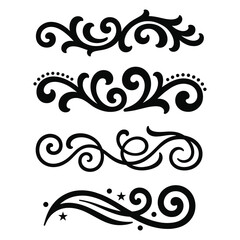 Collection of four elegant black ornamental decorative scrollwork borders with swirls and dots, flourishes dividers, Vintage Filigree ornament stroke scroll design