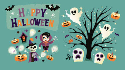 Fototapeta premium Happy halloween scene with ghosts pumpkins bats skeleton and a child on a teal colored background