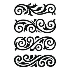 Collection of four elegant black ornamental decorative scrollwork borders with swirls and dots, flourishes dividers, Vintage Filigree ornament stroke scroll design