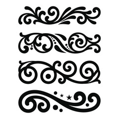 Collection of four elegant black ornamental decorative scrollwork borders with swirls and dots, flourishes dividers, Vintage Filigree ornament stroke scroll design
