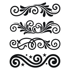 Collection of four elegant black ornamental decorative scrollwork borders with swirls and dots, flourishes dividers, Vintage Filigree ornament stroke scroll design