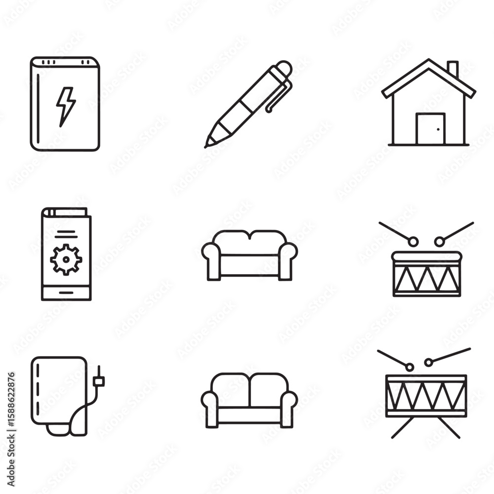Poster collection of minimalist line art icons representing diverse everyday objects and concepts