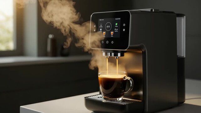 Modern coffee machine brewing espresso with steam rising