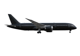 Isolated Sleek Black Passenger Airplane in Flight