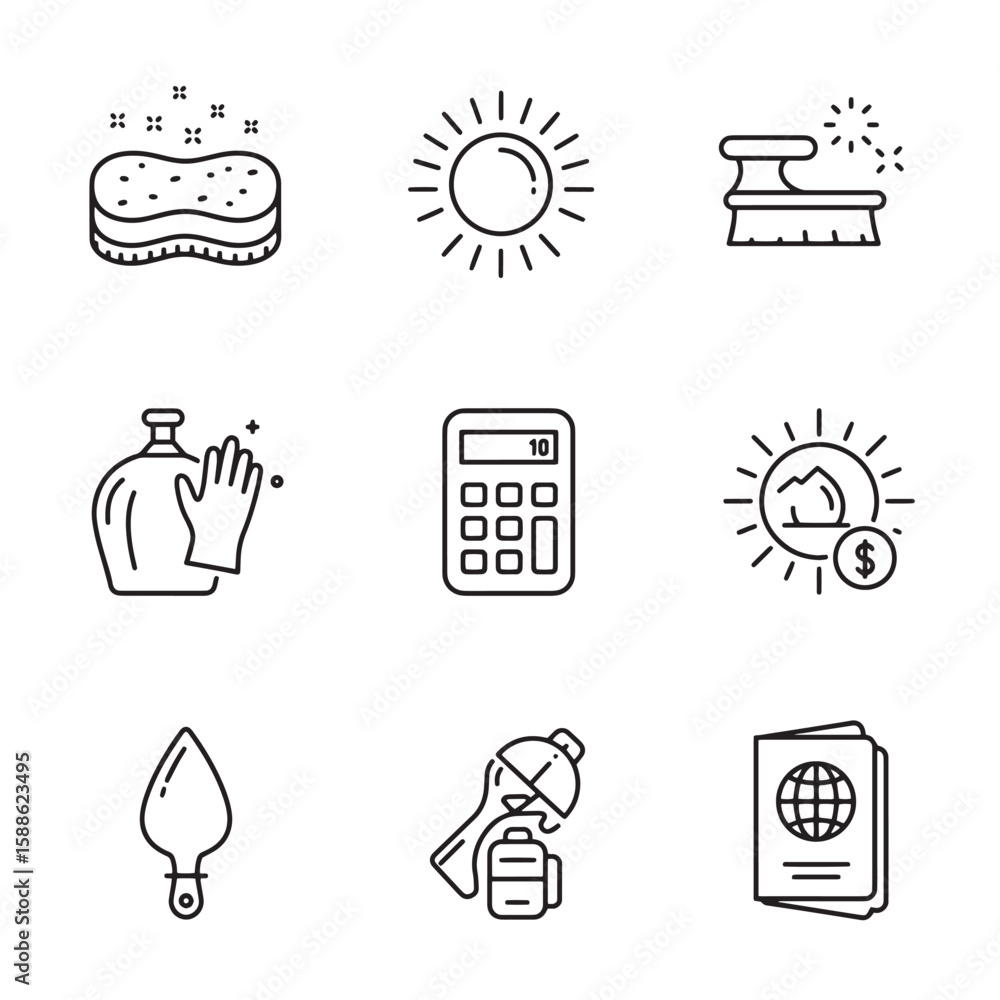 Poster collection of minimalist outlined icons representing diverse concepts and objects