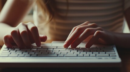 Close up of student's hands typing on a white keyboard, focused on online learning and education, representing the modern approach to schooling