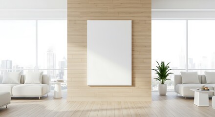 Modern living room interior with blank canvas mockup and city view background
