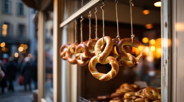 Freshly baked pretzels are displayed elegantly in a bakery window with warm golden hues illuminating the setting People stroll by in the lively atmosphere of an evening market