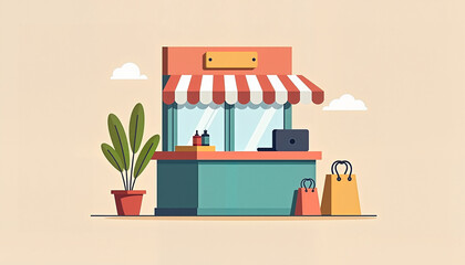 Illustration of a colorful shop counter with bags and plants
