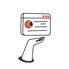 doodle hand drawing hand holding web page with pie chart data