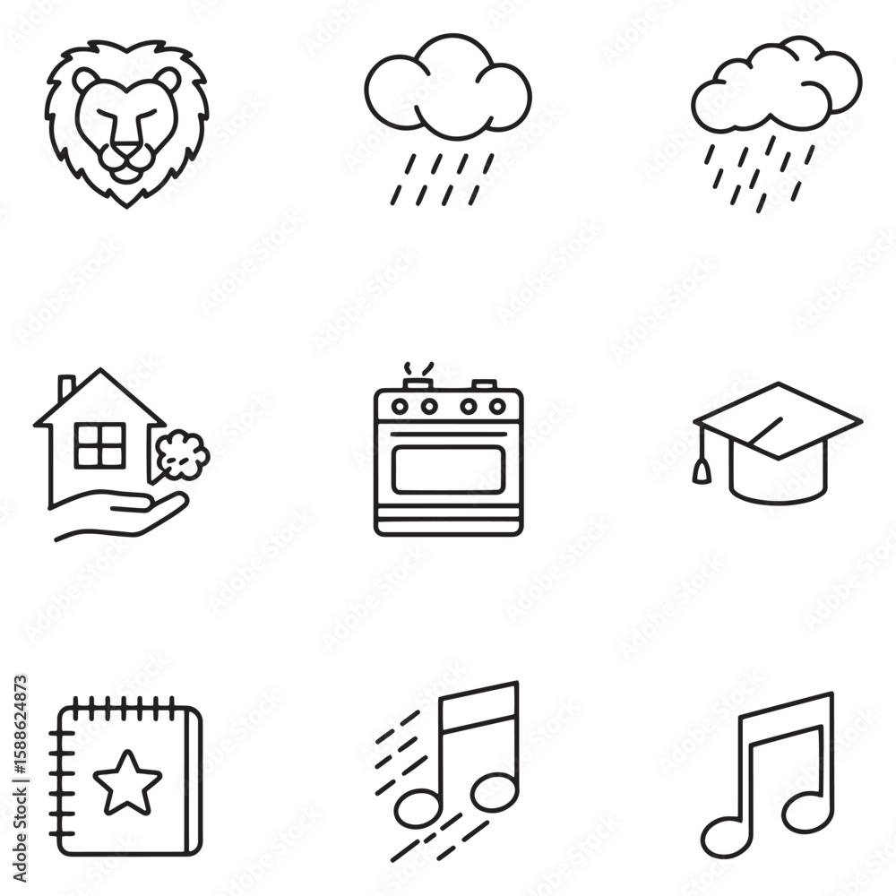 Poster collection of simple and stylish black line icons for various everyday concepts and symbols