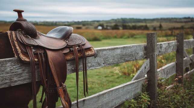 Leather saddle rests on weathered fence, rural landscape