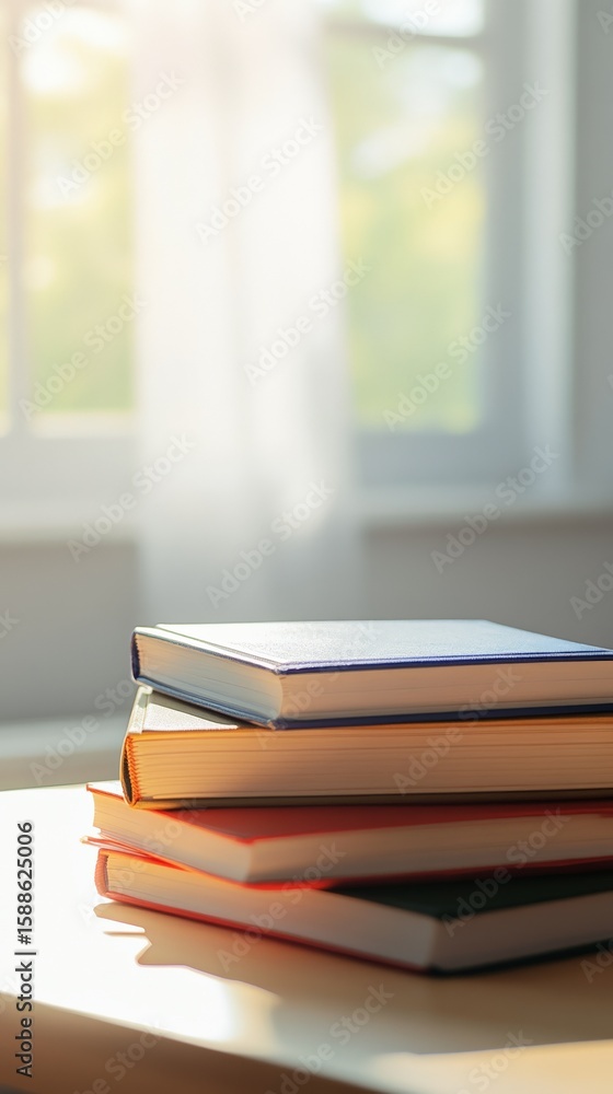 Aufkleber four colorful books are neatly stacked on a table, positioned near a window through which sunlight s