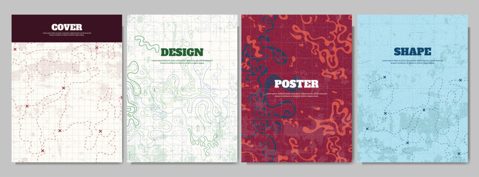 Vector illustration. Topographic cover concept. Set of minimal design banner for print. Vintage color. Old fashion style. Retro poster graphic. Map with marks and trails. Line art pattern