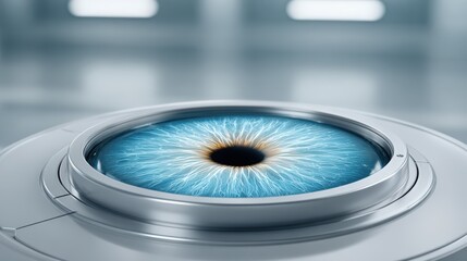 Biometric access for healthcare, A close-up image of a mechanical blue eye with intricate iris details, symbolizing advanced technology and artificial intelligence.