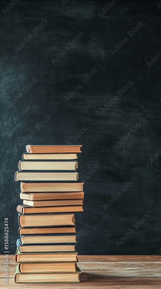 Poster stacking vintage books on a wooden surface while featuring a clean chalkboard in the background, cre