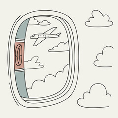 Obraz premium A view from an airplane window with an airplane flying through the clouds in a hand drawn cartoon style