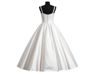 “Satin Wedding Gown with Open Back, isolated on transparent background”.