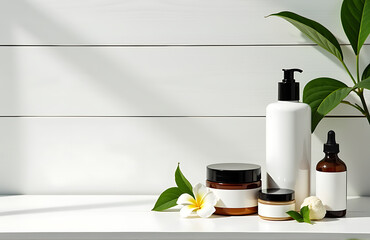 luxurious assortment spa products artfully arranged pristine white wooden surface illuminated soft overhead light subtle