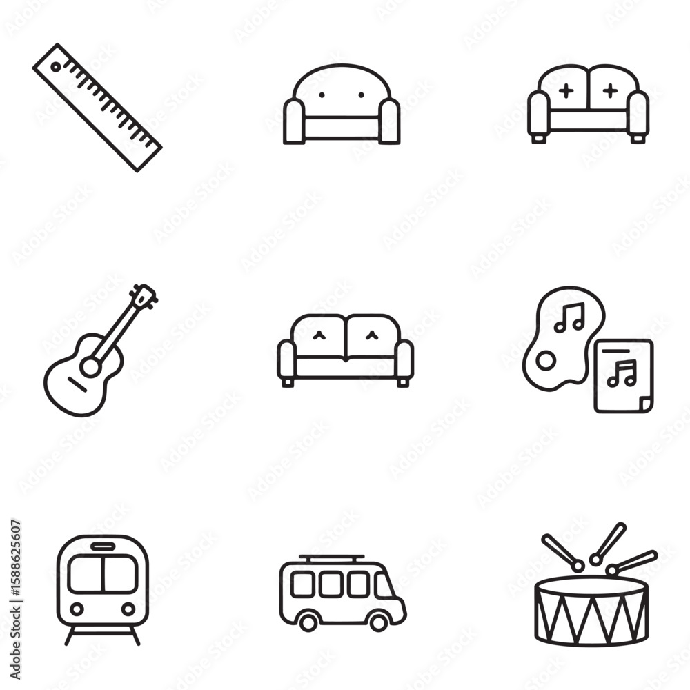 Poster collection of simple line art icons representing various everyday objects and elements