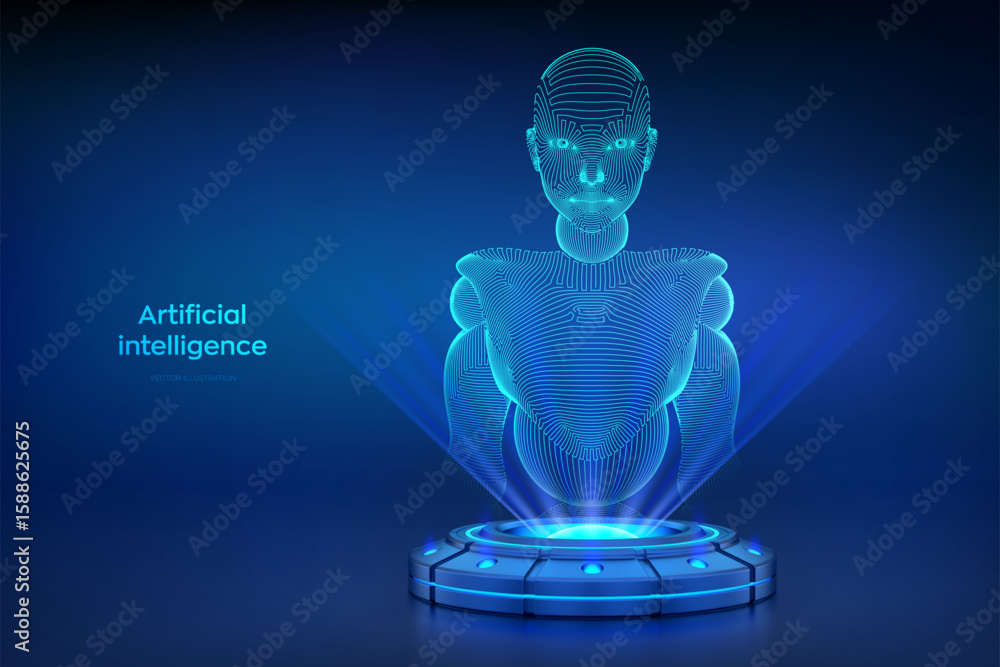 Aufkleber ai chatbot. ai assistant. ai agent. holographic platform with glowing rays projecting wireframe fema